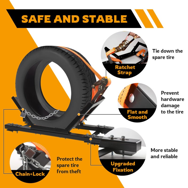 Sidasu Adjustable Semi Truck Spare Tire Rack - Steel Tire Carrier Mount with Ratchet Strap, Chain & Lock - Image 2