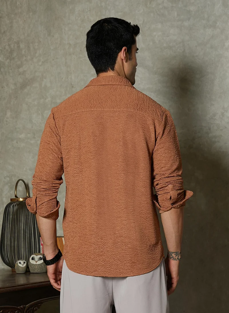 Campus Sutra Campus Sutra Men's Mocha Brown Surf-Tactile Shirt For Casual Wear | Spread Collar | Long Cuffed Sleeves | Button Closure | Shirt Crafted With Comfort Fit For Everyday Wear