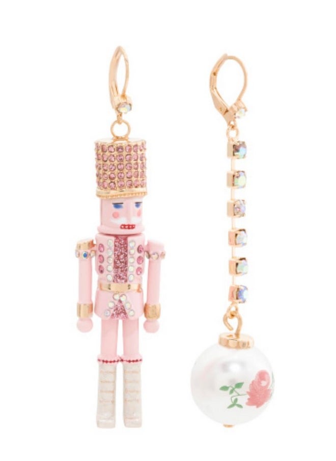 Betsey Johnson Nutcracker Linear Ball Mismatch Pink Earrings Christmas  - Image 1
