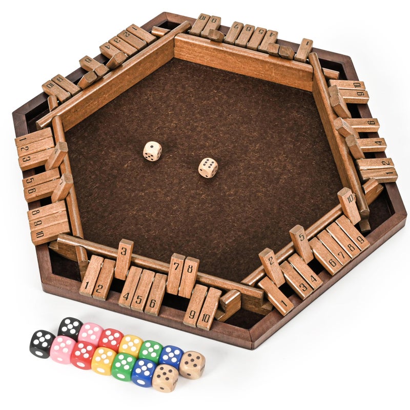 ropoda 6-Way Shut The Box Game-Upgraded 1-6 Player Wooden Dice Game for Adults and Kids, Addition Training, Fun for Family Game Night-Vintage Style - Image 1