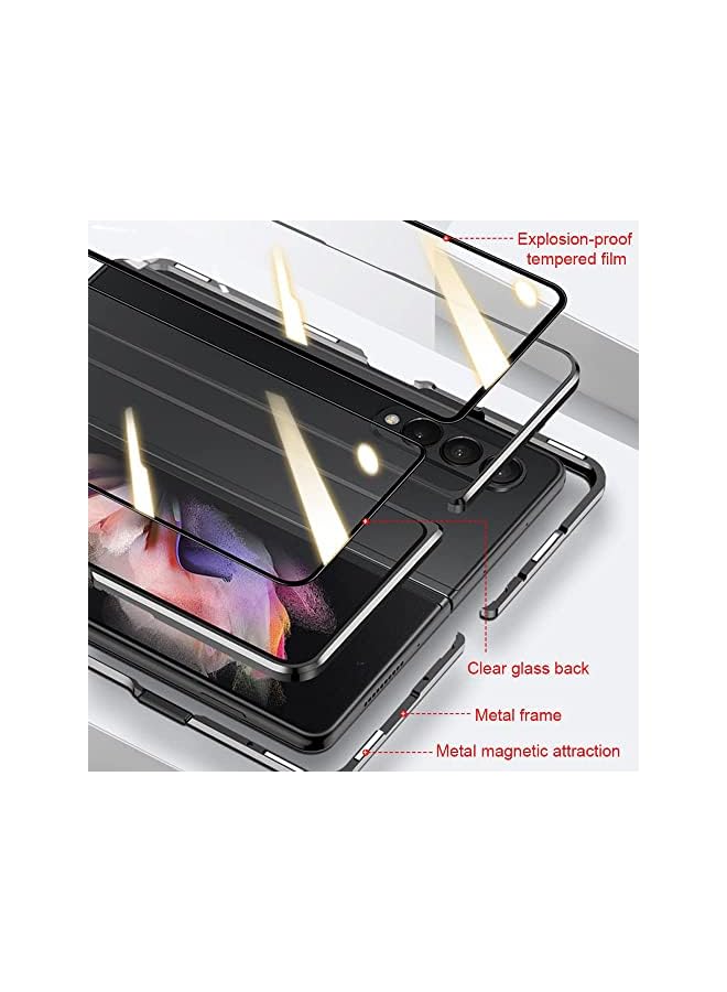 Excefore Case Compatible With Samsung Galaxy Z Fold 4 Magnetic Thin Body Metal Frame Double Sided Clear Tempered Glass Shockproof With Lens Camera Protector Cover Black - Image 2