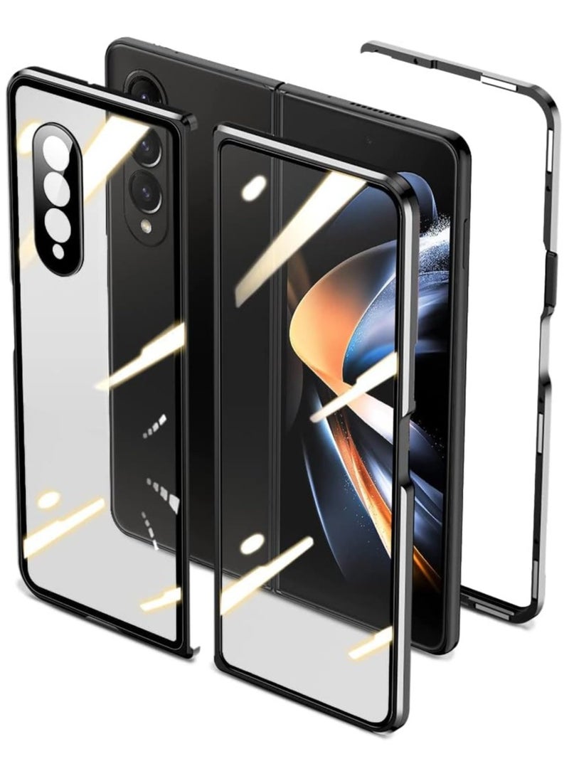 Excefore Case Compatible With Samsung Galaxy Z Fold 4 Magnetic Thin Body Metal Frame Double Sided Clear Tempered Glass Shockproof With Lens Camera Protector Cover Black - Image 1