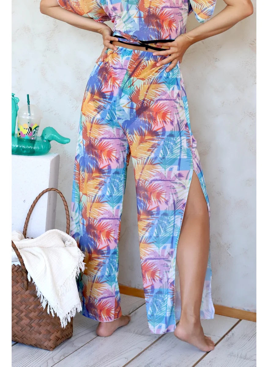 Hamur Dough Beach Pantalon Pareo Summer Closed Slit Elastic Chiffon Tulle Fabric High Waist Coconut Color
