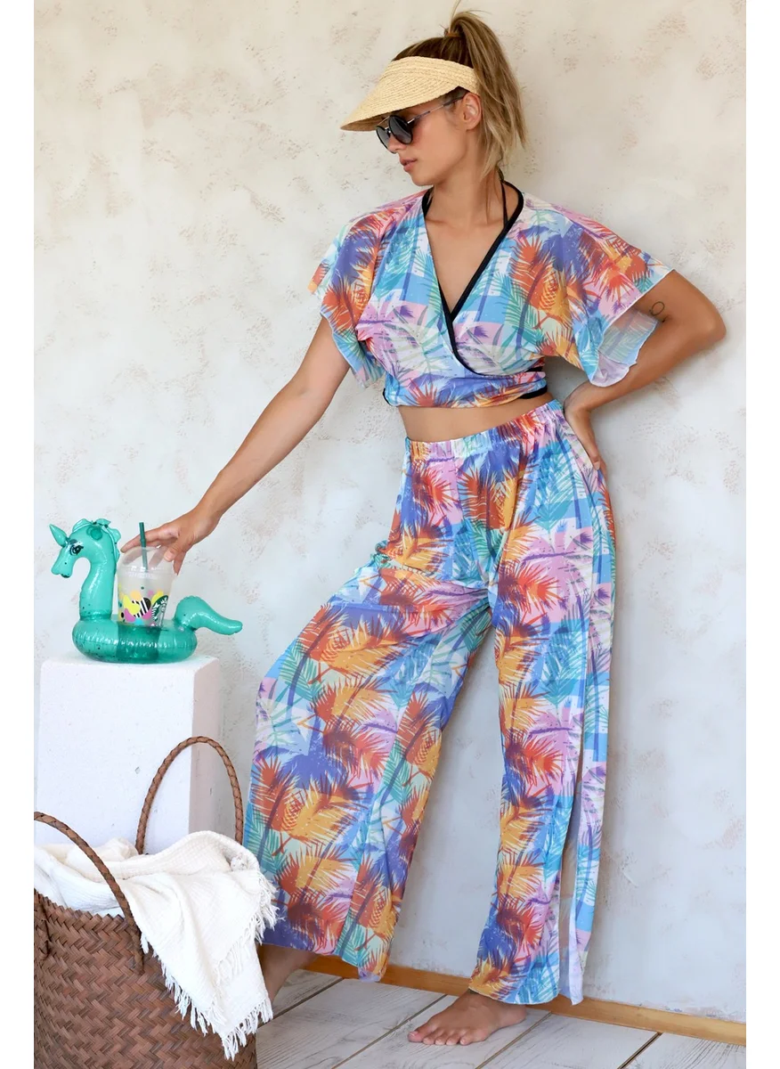 Hamur Dough Beach Pantalon Pareo Summer Closed Slit Elastic Chiffon Tulle Fabric High Waist Coconut Color