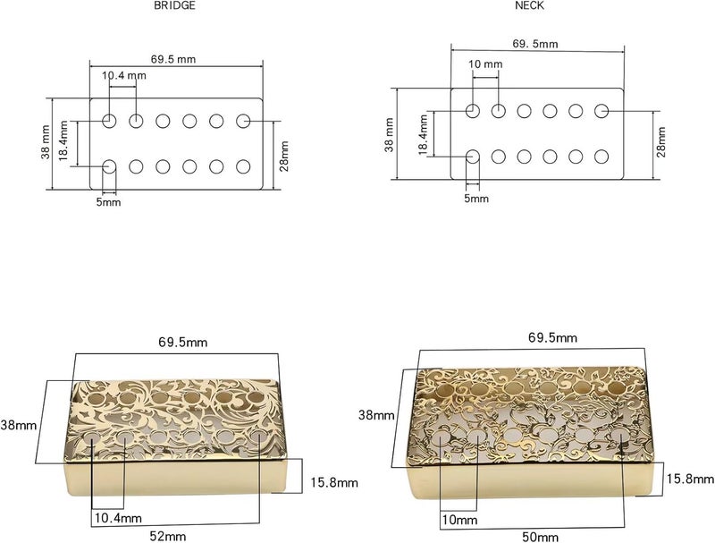 OVSAL 2 PCS Guitar Pickup Covers Gold 50mm/52mm Pole Spcing Pickup Covers Brass Humbucker Guitar Pickup Cover Neck Bridge Pickup Covers for Les Paul Lp Electric Guitar Multi-use well-engineered build - Image 4