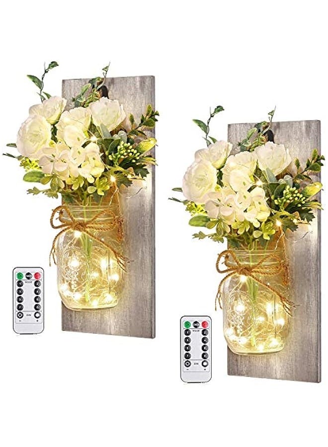 NIBEMINENT Wall Decor Mason Jar Sconces - Home Decor Wall Art Hanging Design with Remote Control LED Fairy Lights and White Rose, Farmhouse Wall Decorations for Bedroom Living Room Lights Set of Two  - Image 1