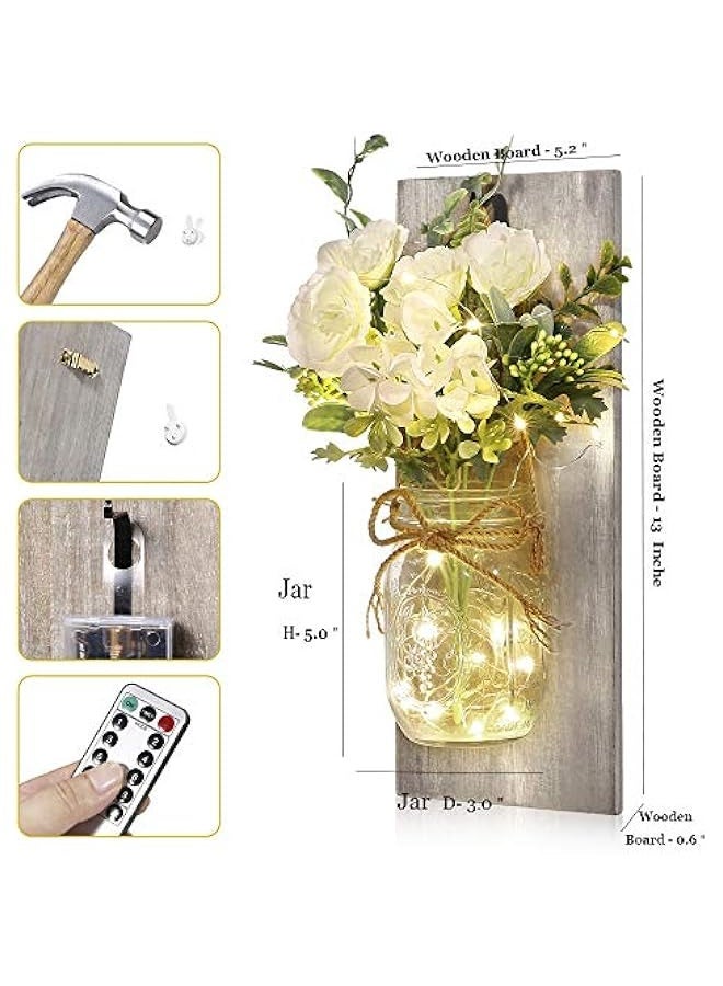 NIBEMINENT Wall Decor Mason Jar Sconces - Home Decor Wall Art Hanging Design with Remote Control LED Fairy Lights and White Rose, Farmhouse Wall Decorations for Bedroom Living Room Lights Set of Two  - Image 4