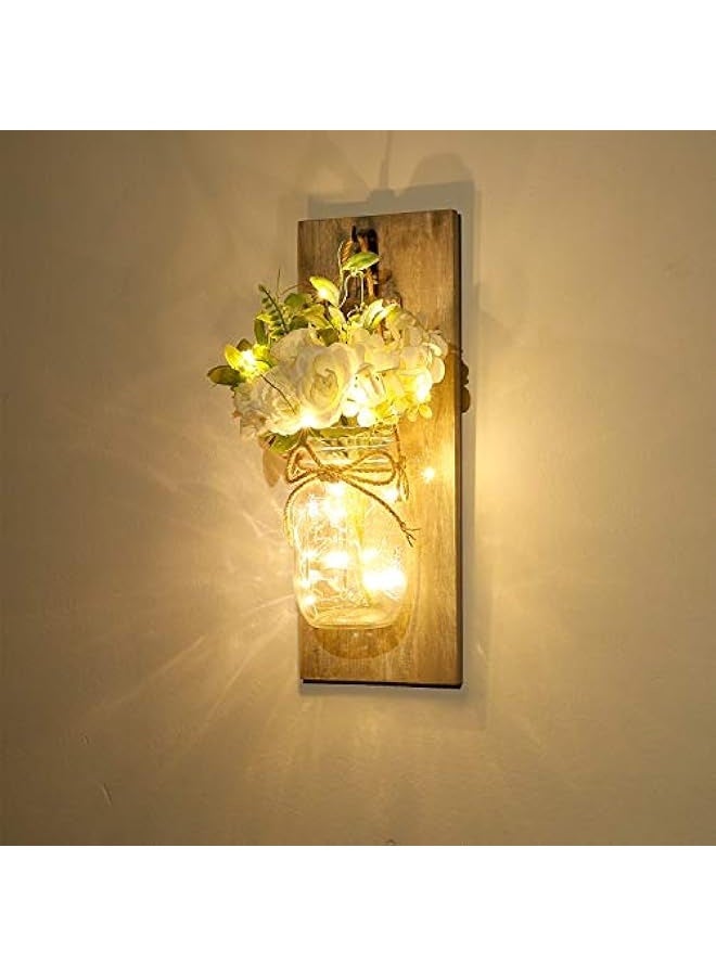 NIBEMINENT Wall Decor Mason Jar Sconces - Home Decor Wall Art Hanging Design with Remote Control LED Fairy Lights and White Rose, Farmhouse Wall Decorations for Bedroom Living Room Lights Set of Two  - Image 2