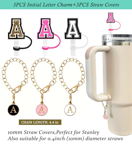 Nuozme （3 +3) 3PCS Nuozme Straw Cover 10mm For Stanley Tumbler Cup Reusable Straw Cap Topper with 3 Initial Letter Charms Accessories Name ID Personalized Handle Charm For Stanley 30&40 Oz Cup Tumbler - Image 2