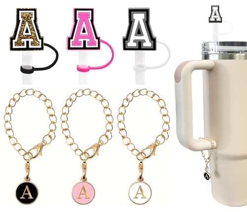 Nuozme （3 +3) 3PCS Nuozme Straw Cover 10mm For Stanley Tumbler Cup Reusable Straw Cap Topper with 3 Initial Letter Charms Accessories Name ID Personalized Handle Charm For Stanley 30&40 Oz Cup Tumbler - Image 1