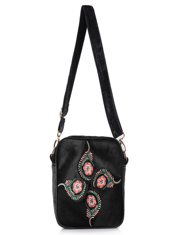 SILKAREA Crossbody Purse for Women Small Crossbody Bags Trendy Embroidered Velvet Shoulder Handbags with Adjustable Strap (Black) - Image 1