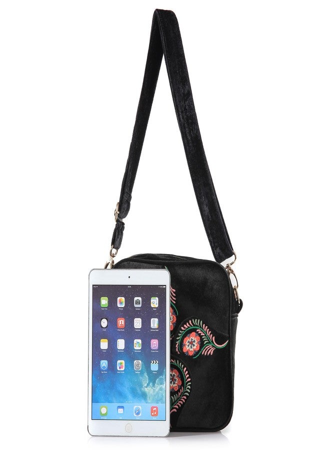 SILKAREA Crossbody Purse for Women Small Crossbody Bags Trendy Embroidered Velvet Shoulder Handbags with Adjustable Strap (Black) - Image 3