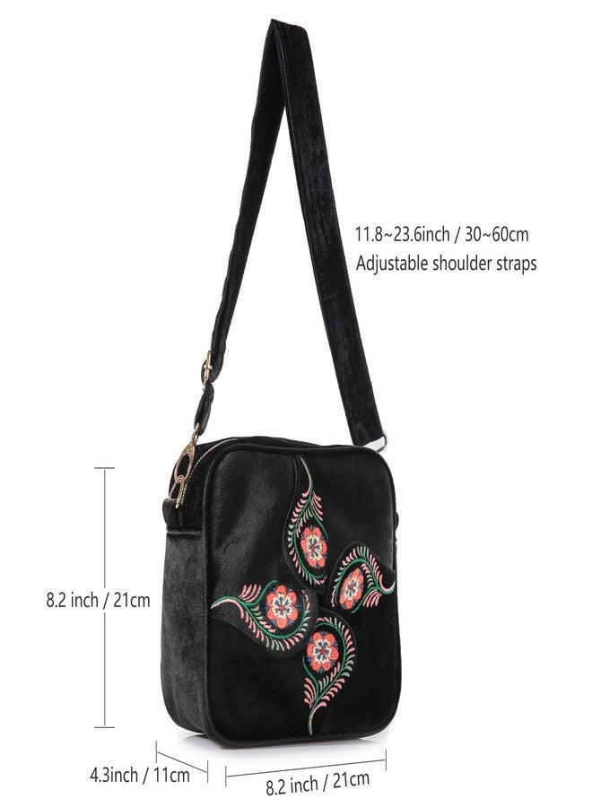 SILKAREA Crossbody Purse for Women Small Crossbody Bags Trendy Embroidered Velvet Shoulder Handbags with Adjustable Strap (Black) - Image 4