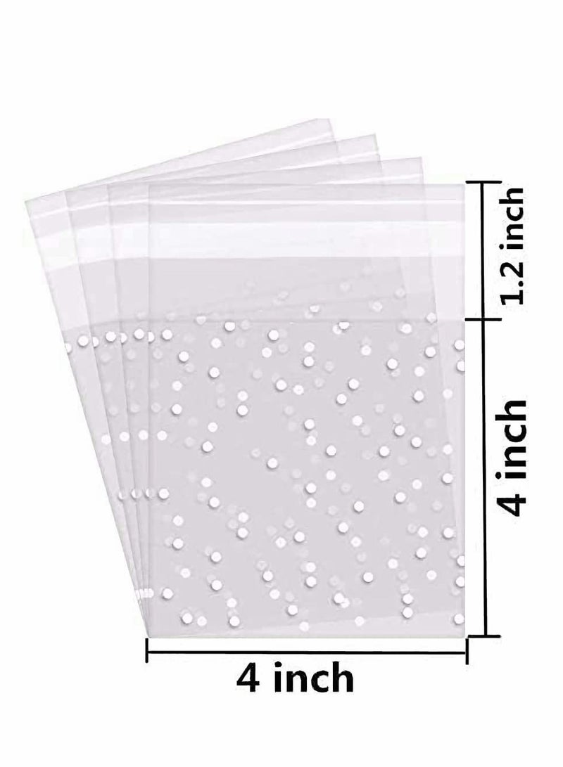 Excefore حقيبة حلوى ذاتية اللصق 4x4، 400 قطعة من أكياس ملفات تعريف الارتباط السيلوفان ذاتية اللصق مانعة للتسرب باللون الأبيض منقط شفاف من البلاستيك OPP للحفلات للمخبوزات والحلوى والصابون - Image 3