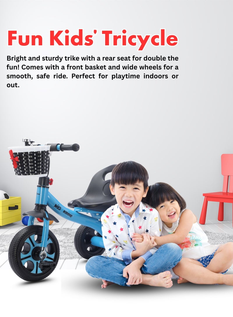 MG Kids Tricycle with Basket & Rear Storage | 3-Wheel Bike for 2-5 Years Toddlers | Durable Steel Frame | Anti-Slip Pedals | Comfortable Seat with Backrest | Bell & Accessories | Indoor & Outdoor Ride-On Toy- Blue - Image 5