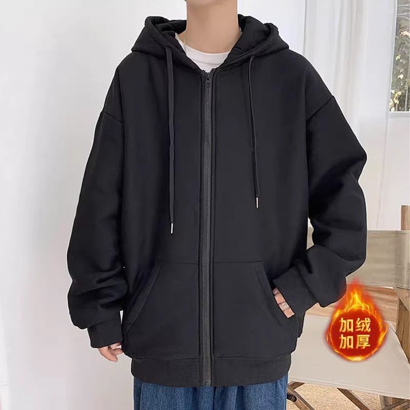 2023 trendy hooded cardigan sweater mens spring and autumn fashionable versatile Korean style top casual loose zipper coat Black fleece-lined 