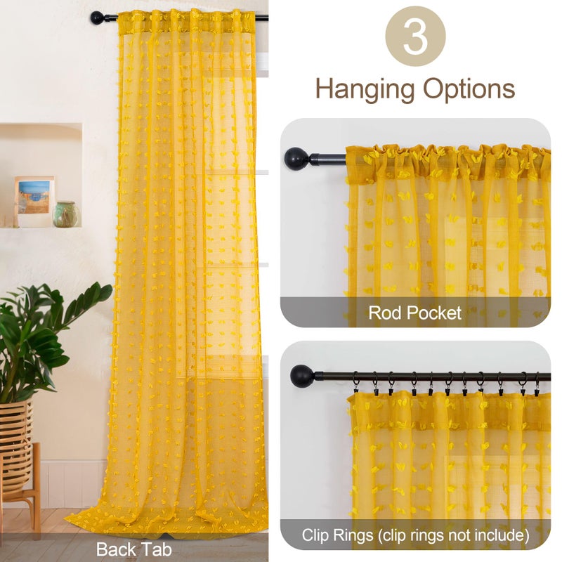 DANCURTON Mustard Yellow Sheer Curtains 84 Inch Length 2 Panels for Spring Living Dining Room Bedroom Boho Farmhouse Gold Semi Sheer Pom Poms Tufted Curtain 84 Inches Long for Nursery Girls Kids Room Back Tab - Image 5