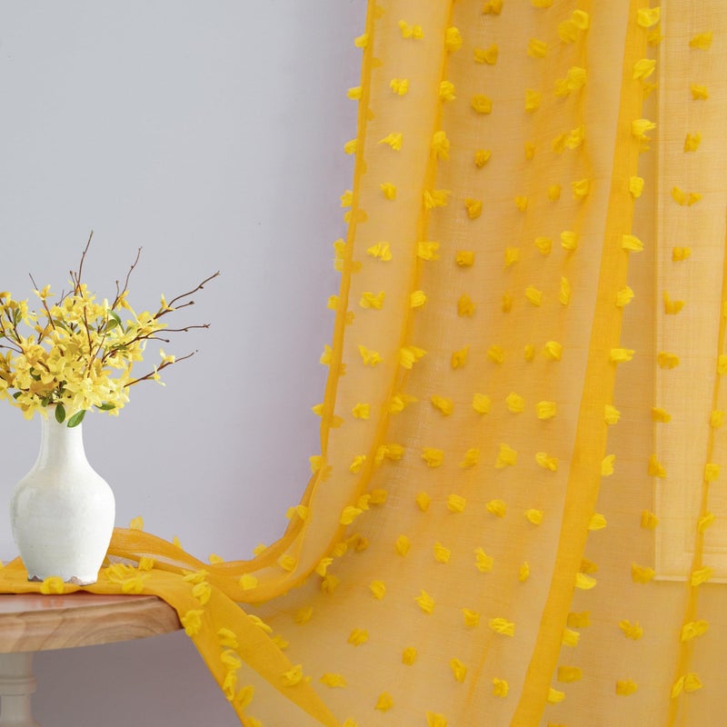 DANCURTON Mustard Yellow Sheer Curtains 84 Inch Length 2 Panels for Spring Living Dining Room Bedroom Boho Farmhouse Gold Semi Sheer Pom Poms Tufted Curtain 84 Inches Long for Nursery Girls Kids Room Back Tab - Image 1
