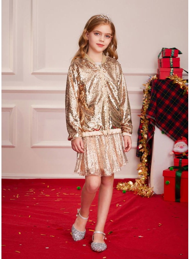 GRACE KARIN Sequin Jacket for Girls Kids Golden Long Sleeve Fall Winter Fashion Party Outwear Size 10-12 - Image 5