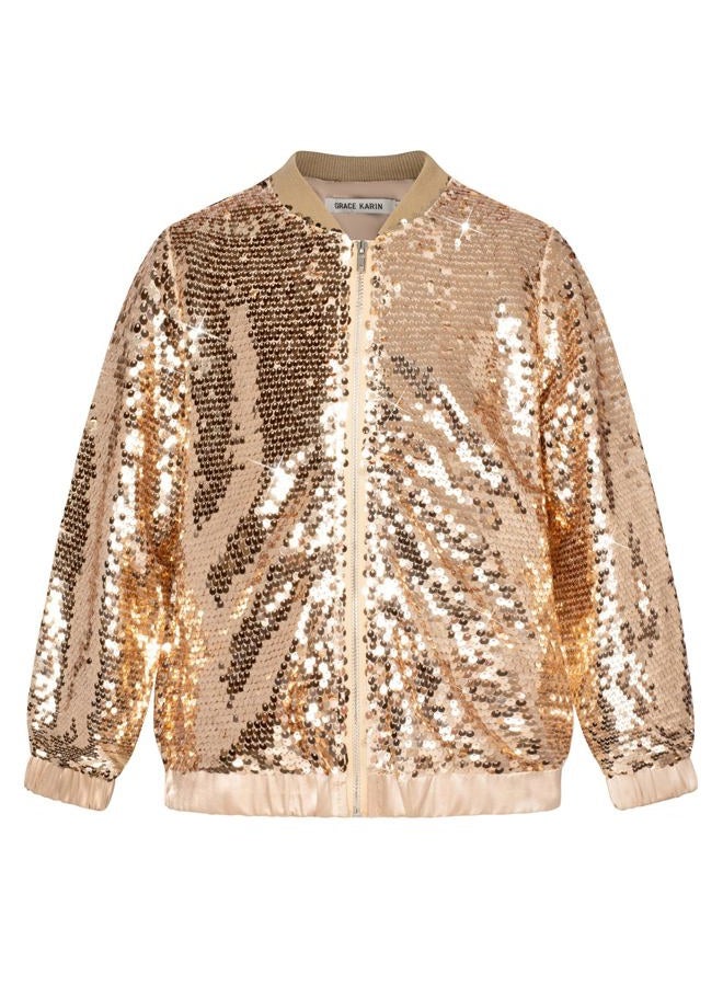 GRACE KARIN Sequin Jacket for Girls Kids Golden Long Sleeve Fall Winter Fashion Party Outwear Size 10-12 - Image 1