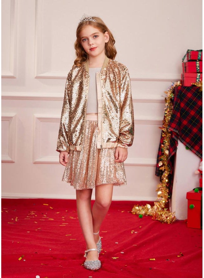 GRACE KARIN Sequin Jacket for Girls Kids Golden Long Sleeve Fall Winter Fashion Party Outwear Size 10-12 - Image 3