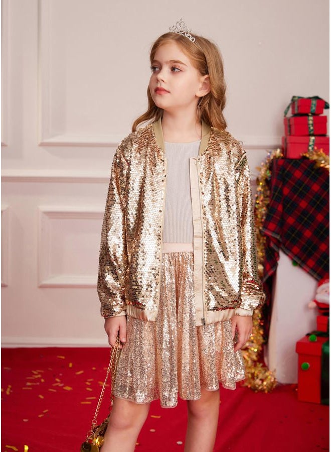 GRACE KARIN Sequin Jacket for Girls Kids Golden Long Sleeve Fall Winter Fashion Party Outwear Size 10-12 - Image 2