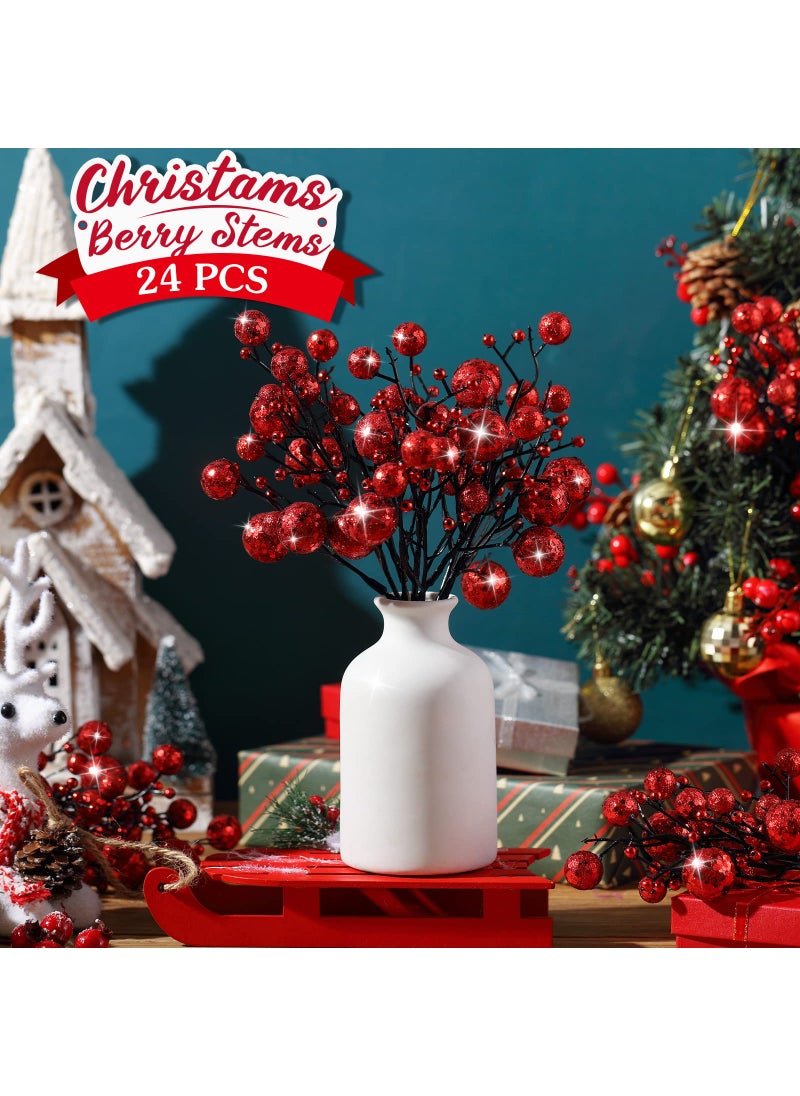 Geosar 24 Pieces Christmas Glitter Berries Stems 10 Inch Christmas Berry Picks Artificial Glittered Berries Ornaments Floral Stems for Christmas Tree  Home Wreath  Party Decoration (Red)  - Image 3