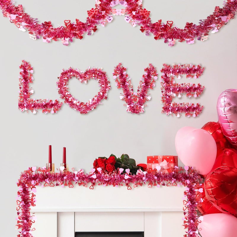 Daifunli 2 Pcs 80 Feet Valentines Tinsel Garland Metallic Pink Tinsel Twist Garland with Heart Sequins Shiny Hanging Decoration for Valentines Day Tree Office Home Party Indoor Outdoor Holiday Decor - Image 3