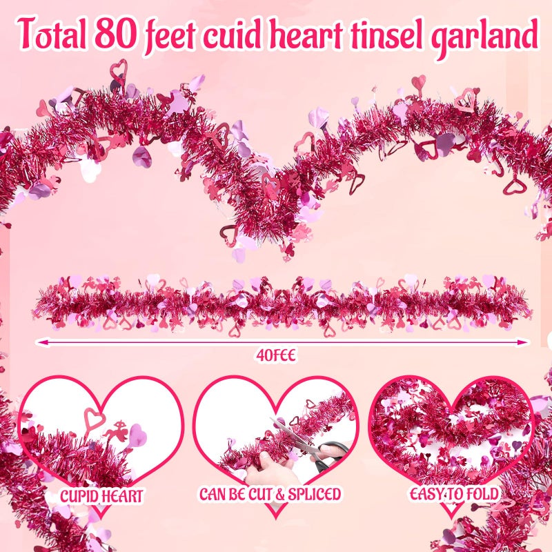 Daifunli 2 Pcs 80 Feet Valentines Tinsel Garland Metallic Pink Tinsel Twist Garland with Heart Sequins Shiny Hanging Decoration for Valentines Day Tree Office Home Party Indoor Outdoor Holiday Decor - Image 2