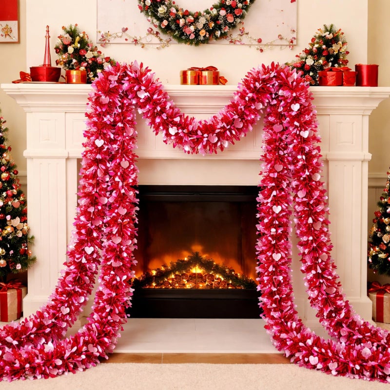 Daifunli 2 Pcs 80 Feet Valentines Tinsel Garland Metallic Pink Tinsel Twist Garland with Heart Sequins Shiny Hanging Decoration for Valentines Day Tree Office Home Party Indoor Outdoor Holiday Decor - Image 1