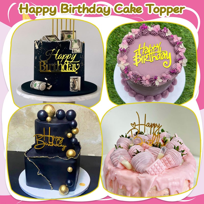 RASSLISA 24 PCS Gold Happy Birthday Cake Toppers Mirror Acrylic Cake Topper Side Cake Decorations Cake Inserts Cake Decorating Supplies Cupcake Toppers for Birthday Party Cake Desserts Pastries 8 Styles - Image 5