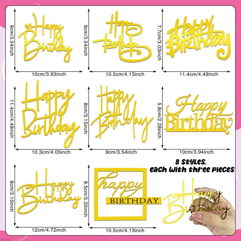 RASSLISA 24 PCS Gold Happy Birthday Cake Toppers Mirror Acrylic Cake Topper Side Cake Decorations Cake Inserts Cake Decorating Supplies Cupcake Toppers for Birthday Party Cake Desserts Pastries 8 Styles - Image 2