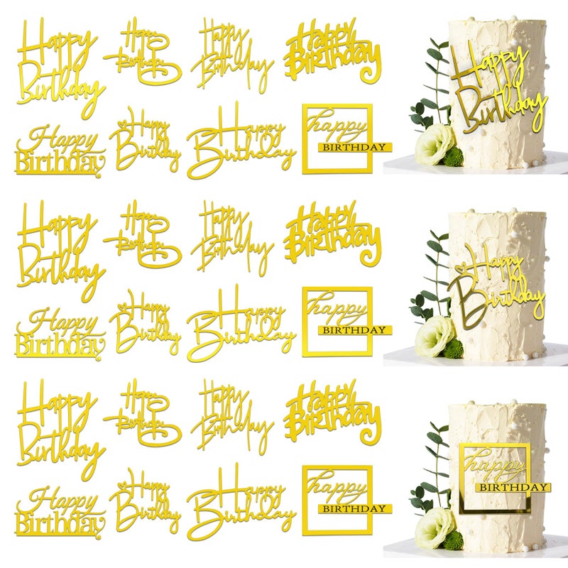 RASSLISA 24 PCS Gold Happy Birthday Cake Toppers Mirror Acrylic Cake Topper Side Cake Decorations Cake Inserts Cake Decorating Supplies Cupcake Toppers for Birthday Party Cake Desserts Pastries 8 Styles - Image 1