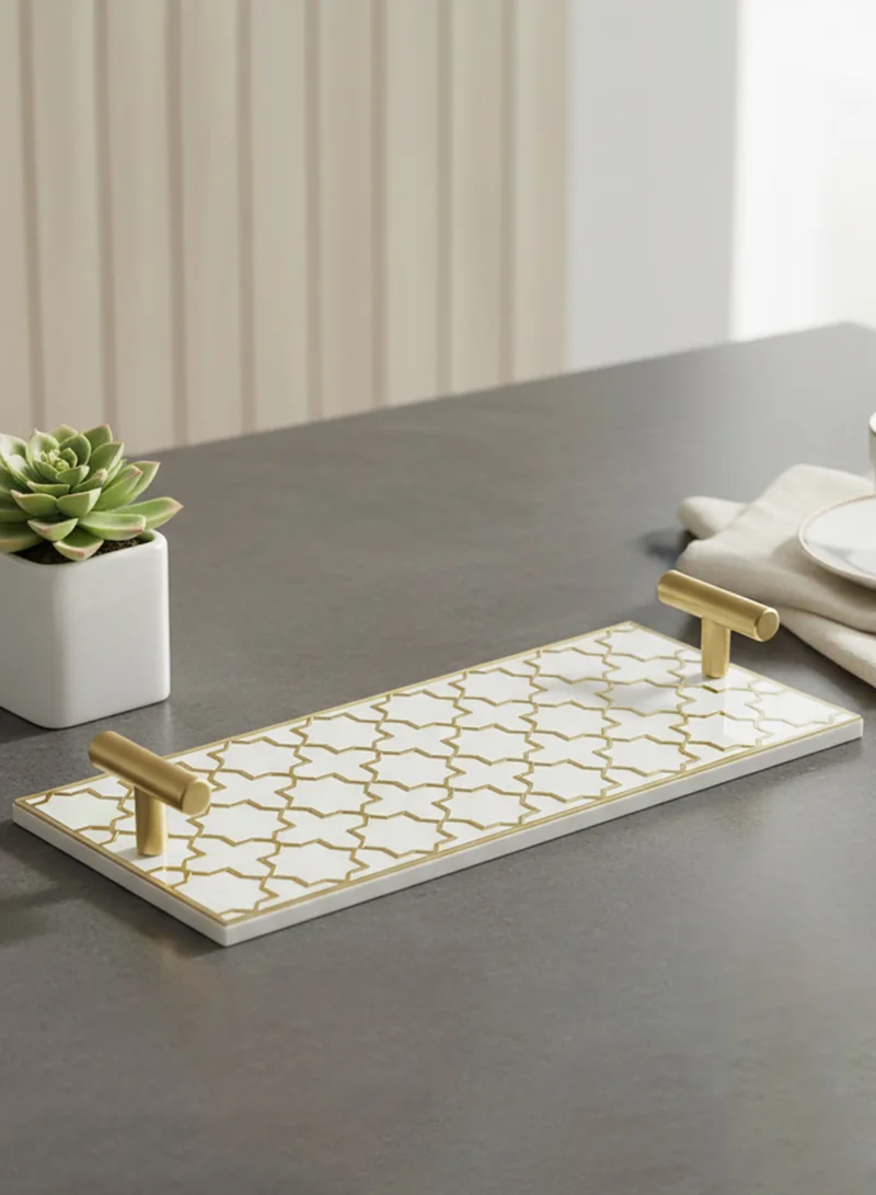 لوحة صينية تقديم من الأكريليك بتصميم مزخرف ومقابض معدنية ذهبية اللون