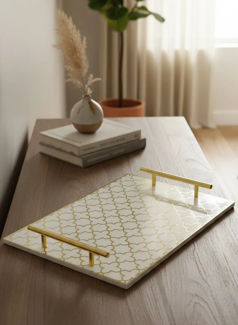 لوحة صينية تقديم من الأكريليك بتصميم مزخرف ومقابض معدنية ذهبية اللون