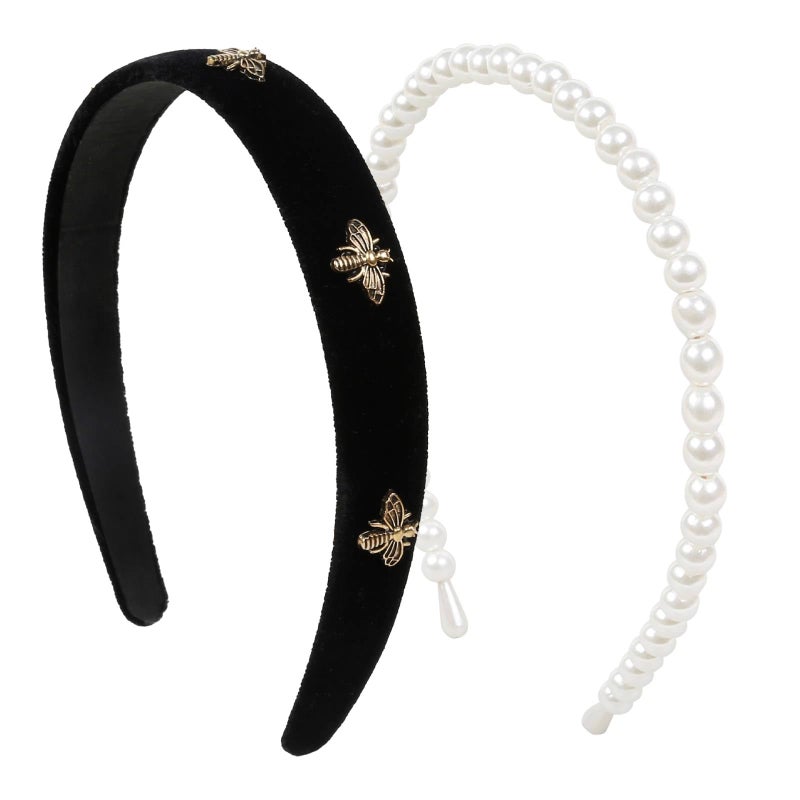 TERSE Black Velvet Headband with White Pearl Accents - Cute Vintage Designer Hair Accessory for Women's Holiday Fashion - Image 2