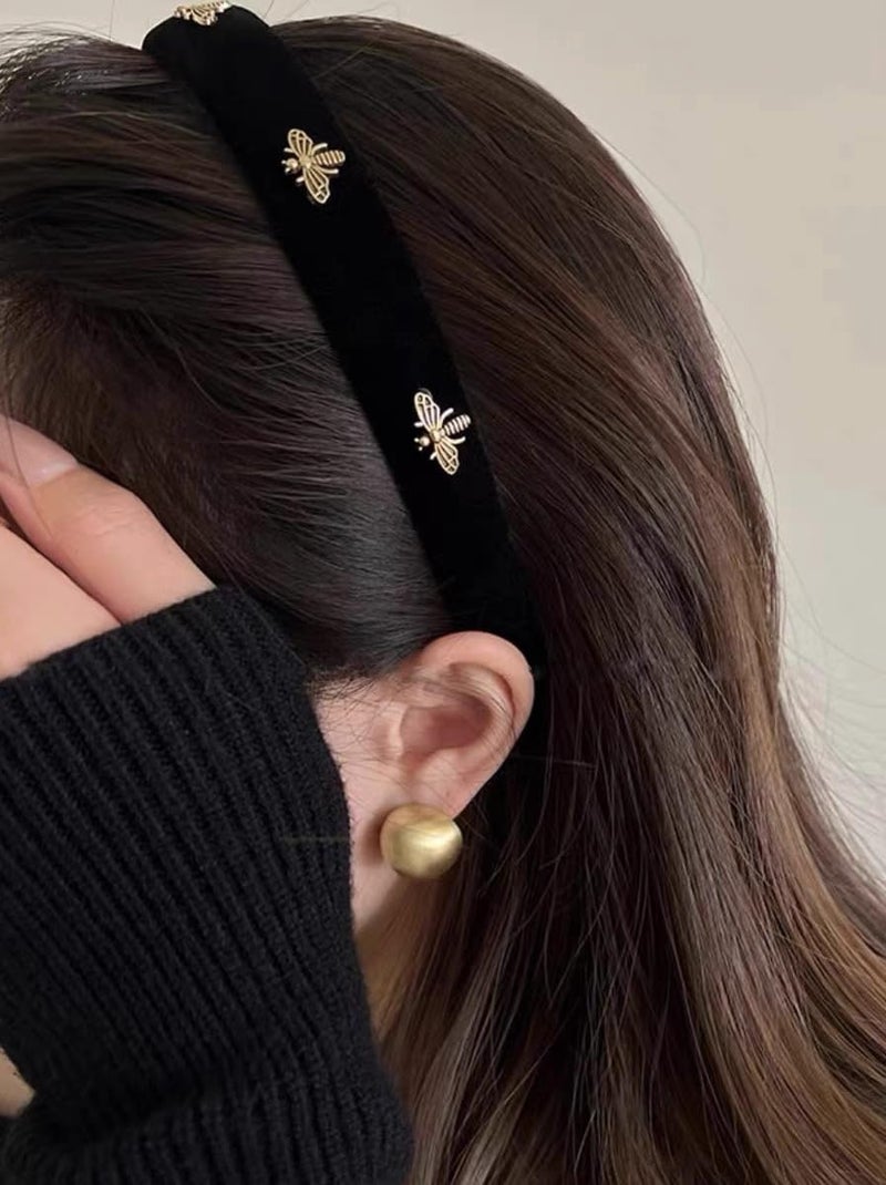 TERSE Black Velvet Headband with White Pearl Accents - Cute Vintage Designer Hair Accessory for Women's Holiday Fashion - Image 1