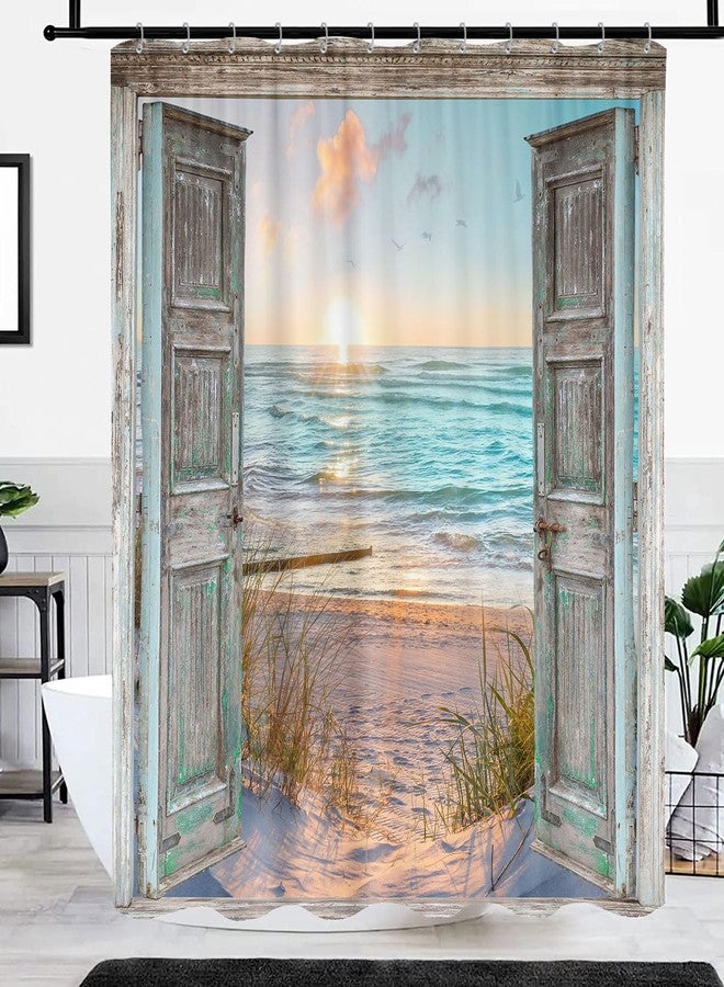 GOAOK Boho Beach Coastal Shower Curtain, Teal Ocean Sunrise Seaside Seascape Nautical Beachy Shower Curtain Set, Rustic Barn Door Seashore Fabric Shower Curtain for Bathroom 12 Hooks, 72"×72" Turquoise - Image 4