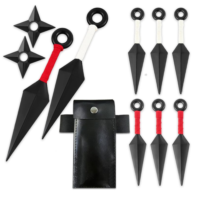 OOHGLITZ 11-Piece Anime Ninja Cosplay Kit, Plastic Ninja Kunai (10.2"+5.1"), Shuriken Ninja Stars (3.5") Set with Pouch for Anime Fans, Ninja& Martial Arts Props Black - Image 1
