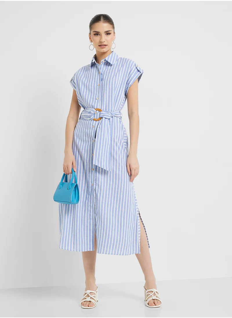 جينجر Stripe A Line Belted Shirt Dress