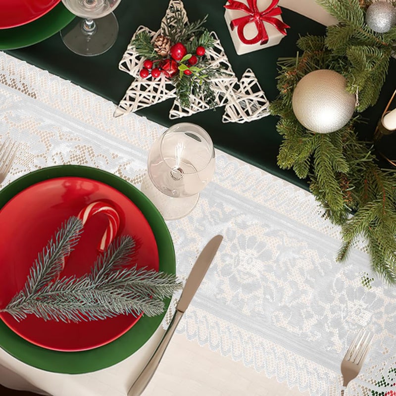 SythorYang Lace Table Runner Christmas Table Runner White Farmhouse Boho Table Runner Coffee Table Runners Cotton Woven Table Runers Rectangular Lace Doilies for Wedding Bridal Shower Kitchen Dining Table Decor - Image 4