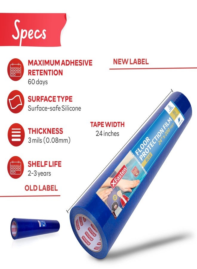 إكس فاستين غشاء حماية الأرضيات XFasten، لفة 24 بوصة × 200 قدم، 3 مل، غشاء بلاستيكي أزرق ذاتي اللصق للأرضيات الخشبية | لفة غشاء حماية لاصق للأرضيات بدون بقايا طلاء وبناء - Image 2