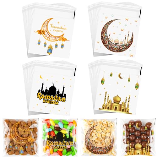ZYLOP Ramadan Gift Bags – 100 PCS Ramadan Goodie Bags, Eid Mubarak Cellophane Treat Bags for Kids, Self Adhesive Clear Candy Bags for Eid Party Favors - Image 1