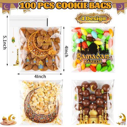 ZYLOP Ramadan Gift Bags – 100 PCS Ramadan Goodie Bags, Eid Mubarak Cellophane Treat Bags for Kids, Self Adhesive Clear Candy Bags for Eid Party Favors - Image 2