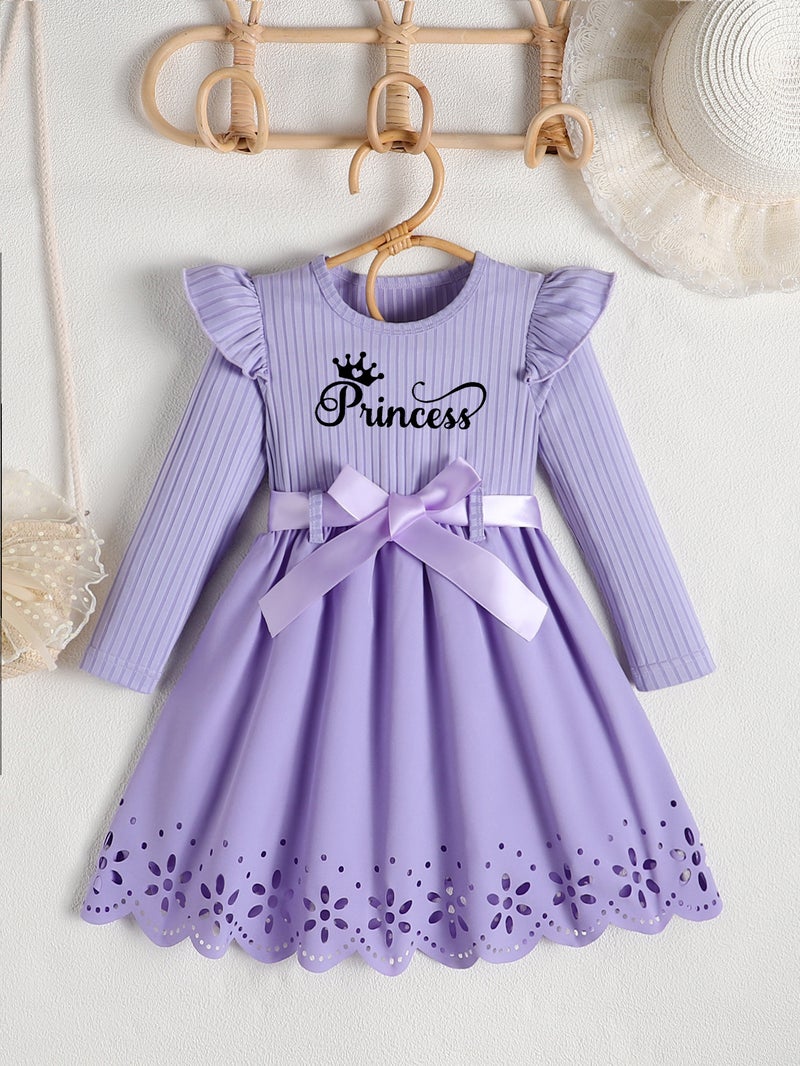 Autumn new girls princess letter printed bow belt round neck long sleeve hollow dress purple 