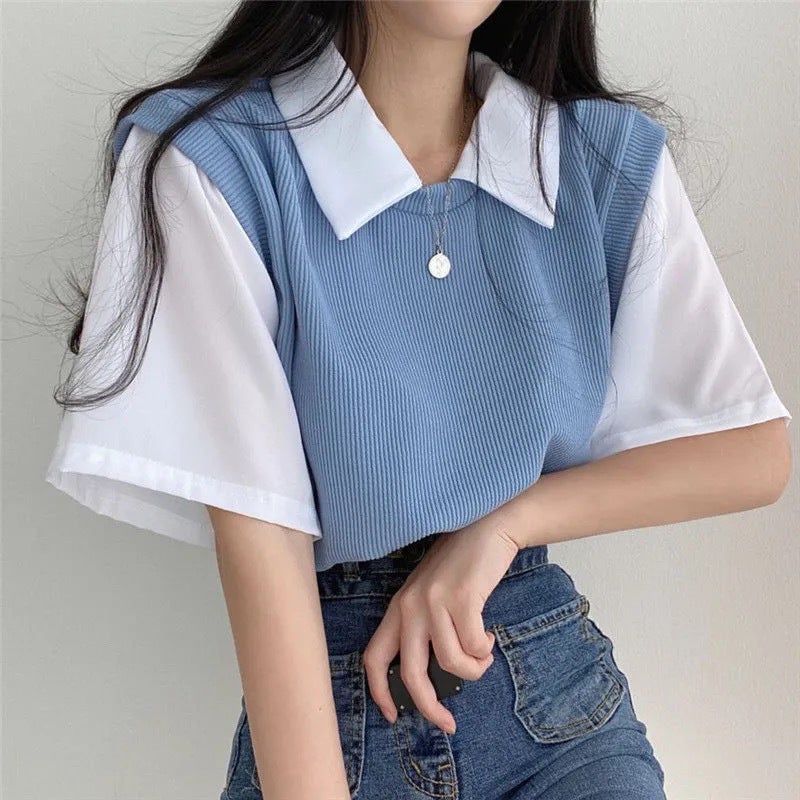 Polo Lapel Fake Two-Piece Short-Sleeved T-Shirt For Women Summer Simple Contrasting Color Loose Slimming Look Versatile Top - Image 3