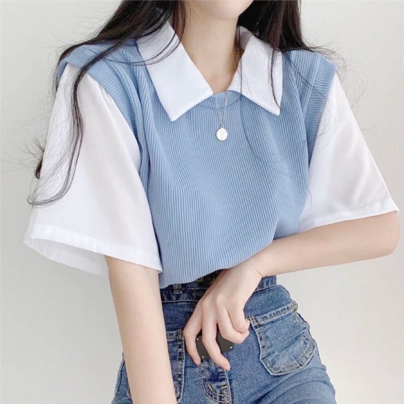Polo Lapel Fake Two-Piece Short-Sleeved T-Shirt For Women Summer Simple Contrasting Color Loose Slimming Look Versatile Top - Image 1