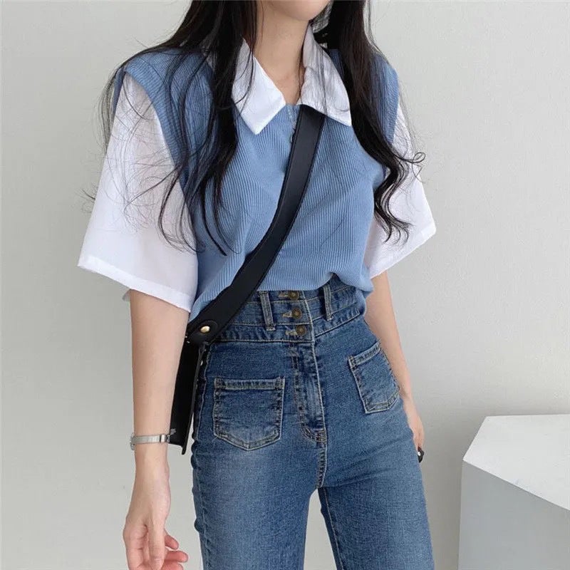 Polo Lapel Fake Two-Piece Short-Sleeved T-Shirt For Women Summer Simple Contrasting Color Loose Slimming Look Versatile Top - Image 4