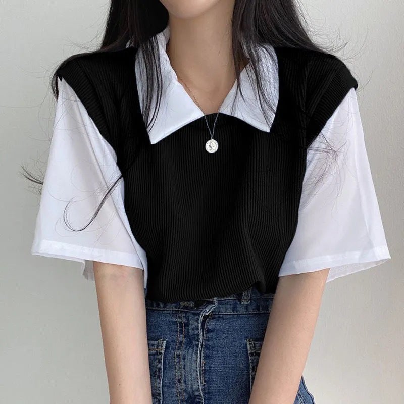 Polo Lapel Fake Two-Piece Short-Sleeved T-Shirt For Women Summer Simple Contrasting Color Loose Slimming Look Versatile Top - Image 5
