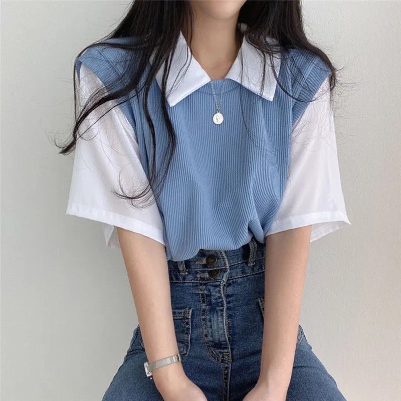 Polo Lapel Fake Two-Piece Short-Sleeved T-Shirt For Women Summer Simple Contrasting Color Loose Slimming Look Versatile Top - Image 2